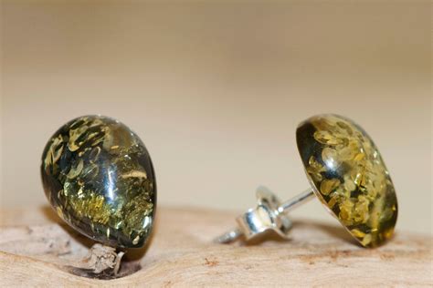 Green Amber Earrings in Sterling Silver, Plain amber, Baltic amber stud ...