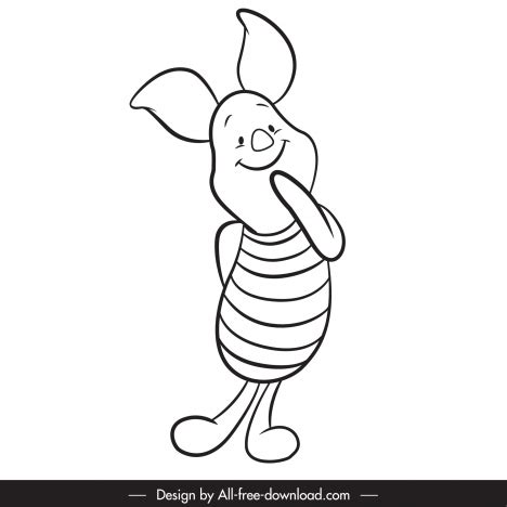 Winnie the pooh cartoon design element piglet character sketch cute black white handdrawn ...