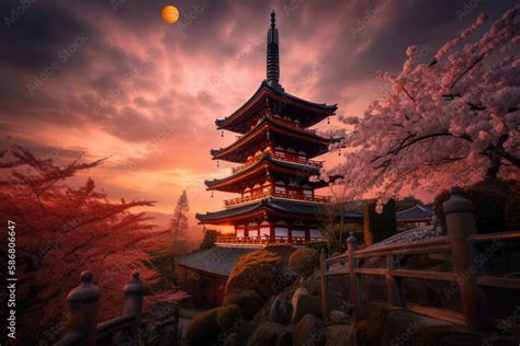 Beautiful Japanese temple, cherry blossom trees, sakura season, spring Japan, generative AI ...