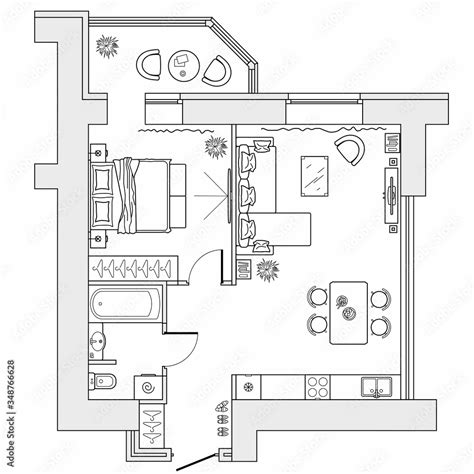 Planning of the apartment with arrangement furniture. Architectural drawing of the house (top ...