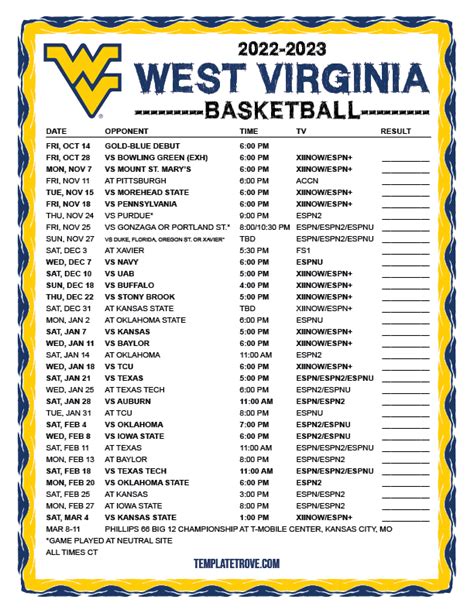 Printable 2022-2023 West Virginia Mountaineers Basketball Schedule