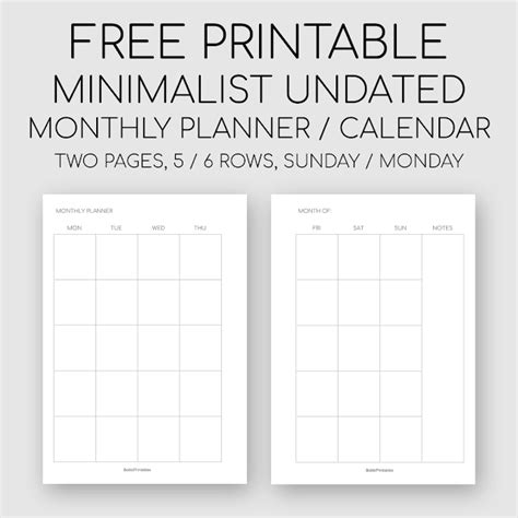 Printable Minimalist Monthly Planner - Month on Two Pages