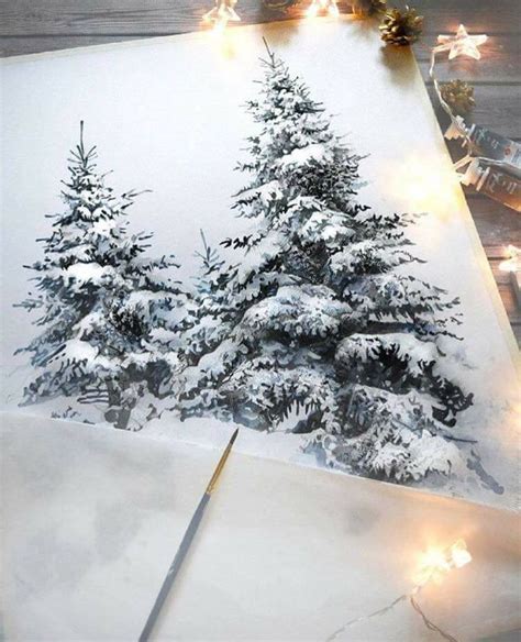 Watercolor painting of a snow-covered pine tree by Evgenya Sheglova. # ...