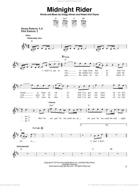 Midnight Rider sheet music for guitar solo (chords) (PDF)