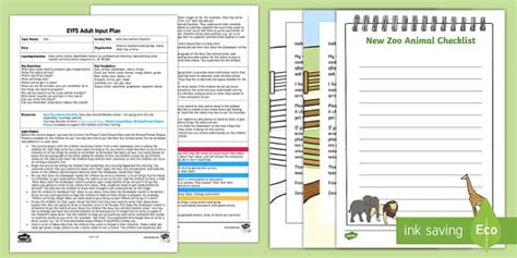 EYFS New Zoo Animal Checklist Adult Input Plan and Resource Pack