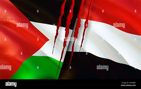 Palestine and Yemen flags with scar concept. Waving flag,3D rendering. Palestine and Yemen ...