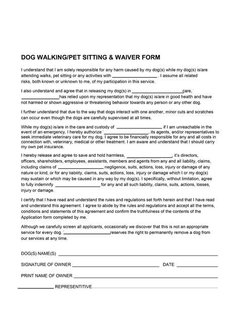 Pet Sitting Waiver Form Pet Sitting Release Form Dog Canada ...