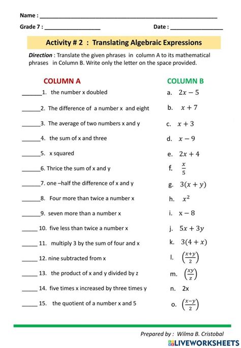 Writing Algebraic Expressions Worksheet | Algebraic expressions, Translating algebraic ...