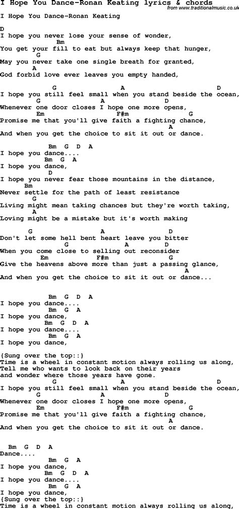 Love Song Lyrics for:I Hope You Dance-Ronan Keating with chords.