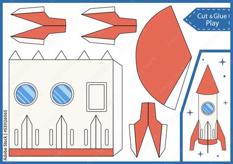 Kids craft template 3d a paper rocket. Ornament for birthday party with spaceship. DIY ...