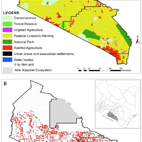 Map of Kajiado County of Kenya showing A) Loitokitok (3), Eastern (1)... | Download Scientific ...