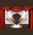 Red curtains on brick wall background Royalty Free Vector