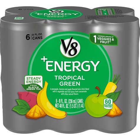 V8 +Energy, Healthy Energy Drink, Natural Energy from Tea, Tropical Green, 8 Ounce Can (Pack of ...