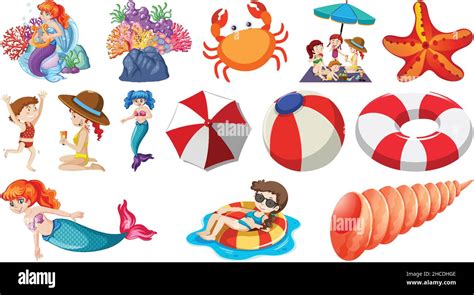 Set of summer beach objects and cartoon characters illustration Stock Vector Image & Art - Alamy