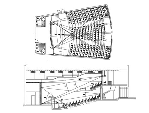 Auditorium hall facade section and layout plan details dwg file - Cadbull