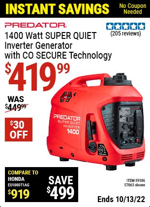 PREDATOR 1400 Watt Super Quiet Inverter Generator with CO SECURE? Technology for $419.99 ...