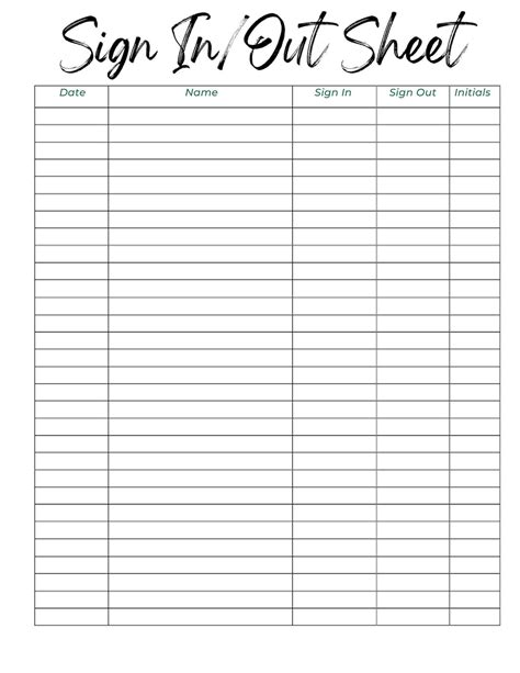 Sign in and Out Sheet Printable Form, Digital File, Instant Download ...