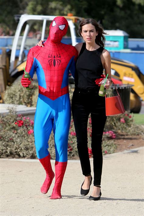 ALEXA CHUNG with Spider-man in a Red ’65 Ragtop Mustang Out Filming in Beverly Hills 07/20/2017 ...