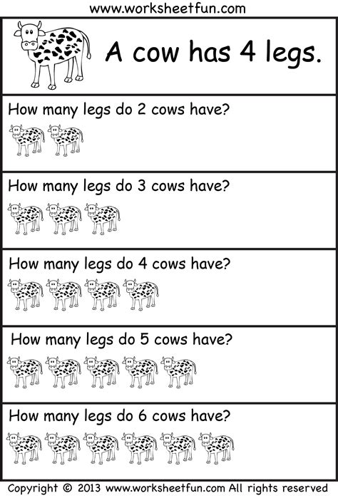 How many legs – picture word problems – repeated addition – multiplication – four worksheets ...
