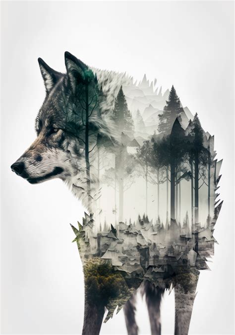 Wolf double exposure animal design poster - TenStickers