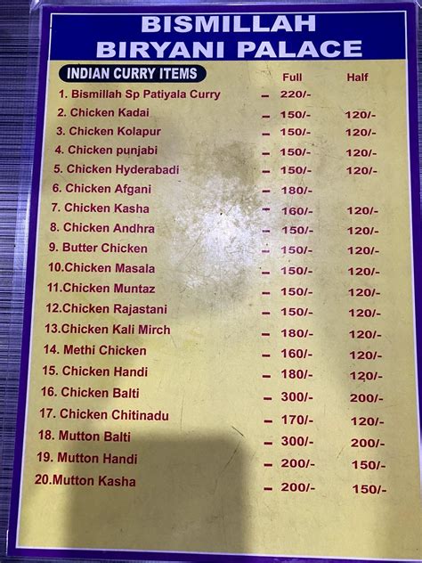 Menu at Bismillah Biryani palace, Vijayawada