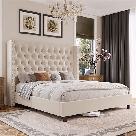 Jocisland King Size Upholstered Bed Frame with Velvet Tufted Wingback Headboard, No Box Spring ...