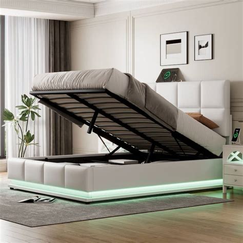 Full Size Tufted Upholstered Platform Bed with Hydraulic Storage System, PU Storage Bed with LED ...