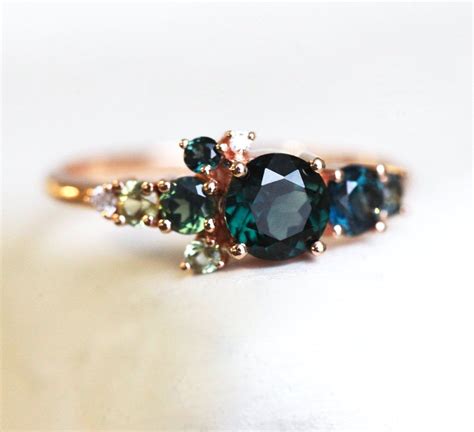 Teal Sapphire Ring, Engagement Cluster, Unique Custom Multistone Ring ...