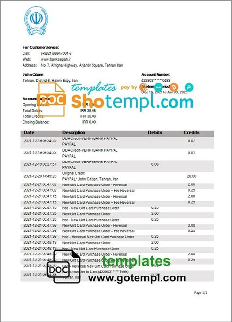 Iran Bank Sepah proof of address bank statement template in Word and PDF format