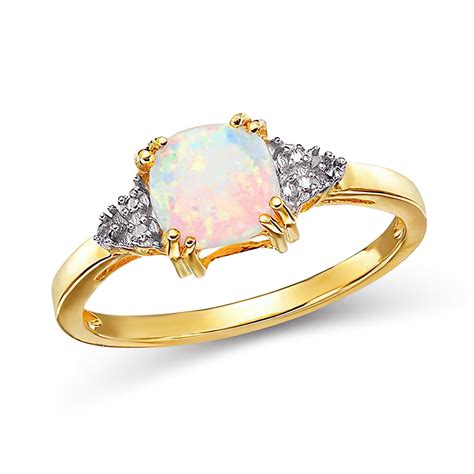 10K Yellow Gold 6mm Cushion Created Opal w Natural Diamond Oct Birthstone ring-8 our handcrafted ...