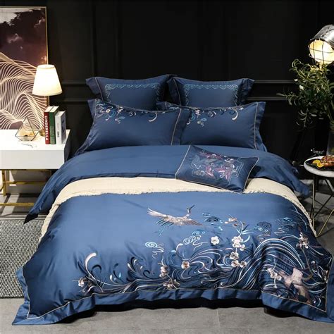 Oriental Embroidery 100S Egyptian cotton Blue Luxury Bedding set 4/7Pcs ...