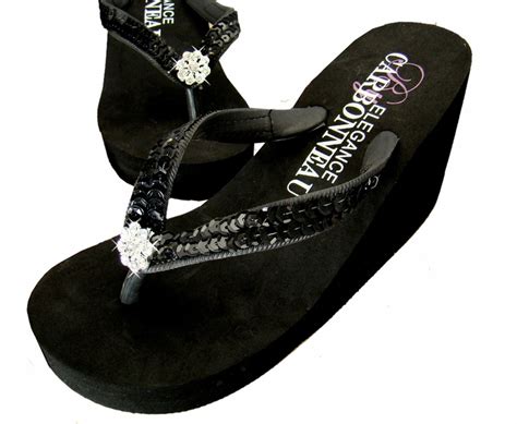 Black Sequined Bridal Wedge Flip Flops | High heel flip flops, Womens ...