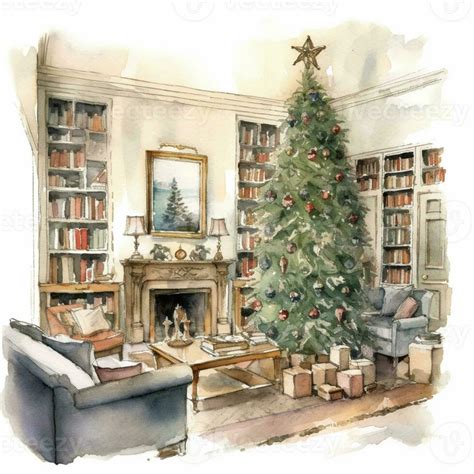 arafed drawing of a living room with a christmas tree and a fireplace ...