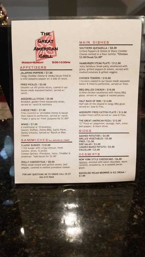 Menu at The Great American Grill restaurant, Starkville, 975 MS-12