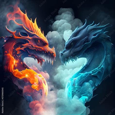 Blue dragon vs red dragon, fire dragon, ice dragon, water dragon, smoke, colliding dragons Stock ...