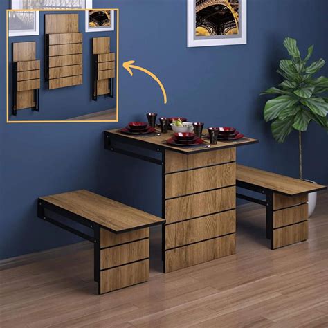 Folding Table & Benches Wall Mounted Space Saving Foldable Dining ...