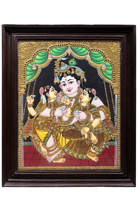 Lord Krishna with Rukmini and Satyabhama Tanjore Painting | Traditional Colors With 24K Gold ...