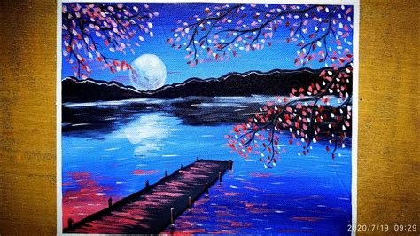 Moonlight Night Landscape Painting / Cherry Blossom Under Moonlight/ Acrylic Painting Technique ...