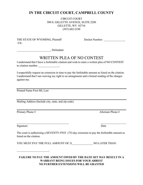 Campbell County, Wyoming Written Plea of No Contest - Fill Out, Sign ...