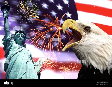 American Flag With Eagle And Statue Of Liberty