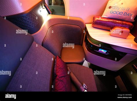 DOHA, QATAR -17 JUN 2019- View of the QSuites Business Class seats in an Airbus A350 from Qatar ...