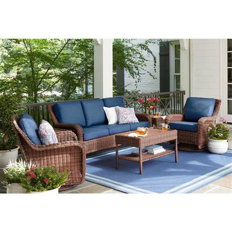 Hampton Bay Cambridge Brown 4-Piece Wicker Patio Conversation Set with Blue Cushions-65-17148B-4 ...