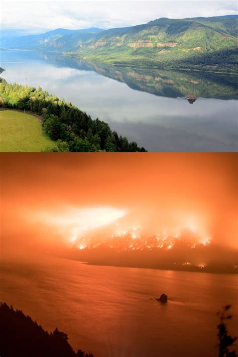Before and after at the Multnomah Falls fire. Multnomah Falls, Oregon Washington, Columbia River ...