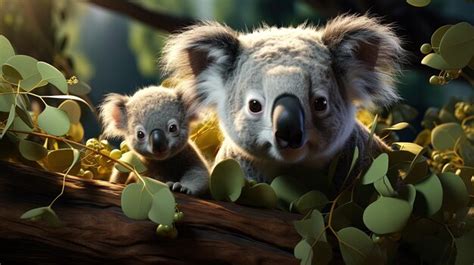 Premium Photo | Koala mother with her baby in eucalyptus tree Cute face peeking from tree AI ...