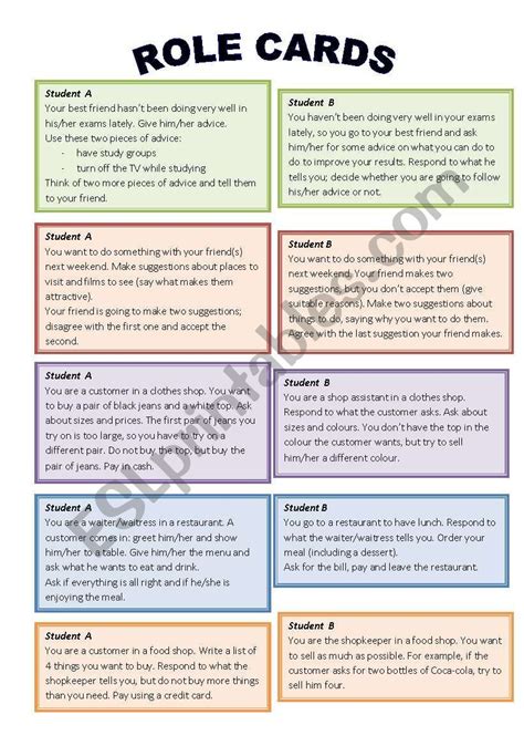 Role play cards worksheet | Learn english, Speaking activities english, Teaching