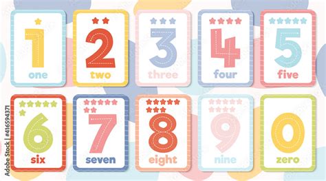 Print set of colourful educational flashcards for numbers 1-9 and 0. Stock Vector | Adobe Stock