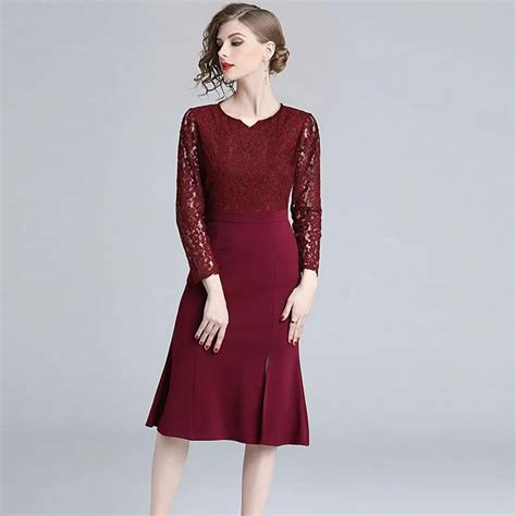 Burgundy Color Elegant Women Lace Dress for Party Night Long Sleeve Dresses for Women Female ...