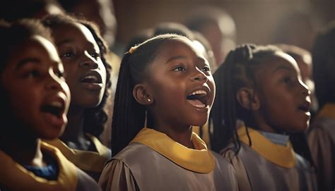 African American children's choir singing in church wearing traditional choir clothes black Kids ...