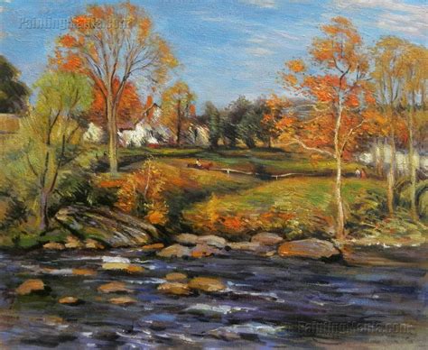 a painting of a river with houses in the background and autumn foliage ...