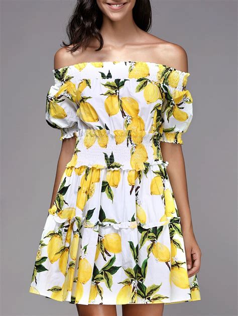 2018 Cute Off-Shoulder Fruit Print Dress For Women YELLOW ONE SIZE(FIT ...